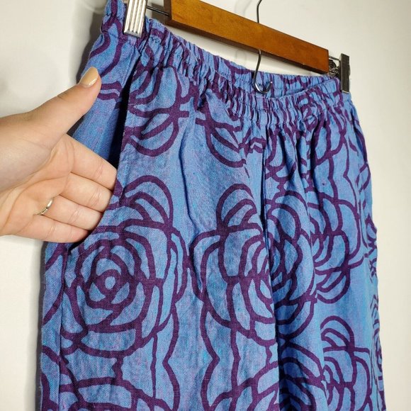 FLAX Womens 100% Linen Pull On Wide Leg Flood Pants Size S Blue Floral Lagenlook - Picture 2 of 9